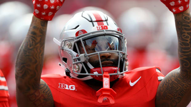 Ohio State Buckeyes running back Miyan Williams (3) reacts before a game against the Penn State Nittany Lions at Ohio Stadium.